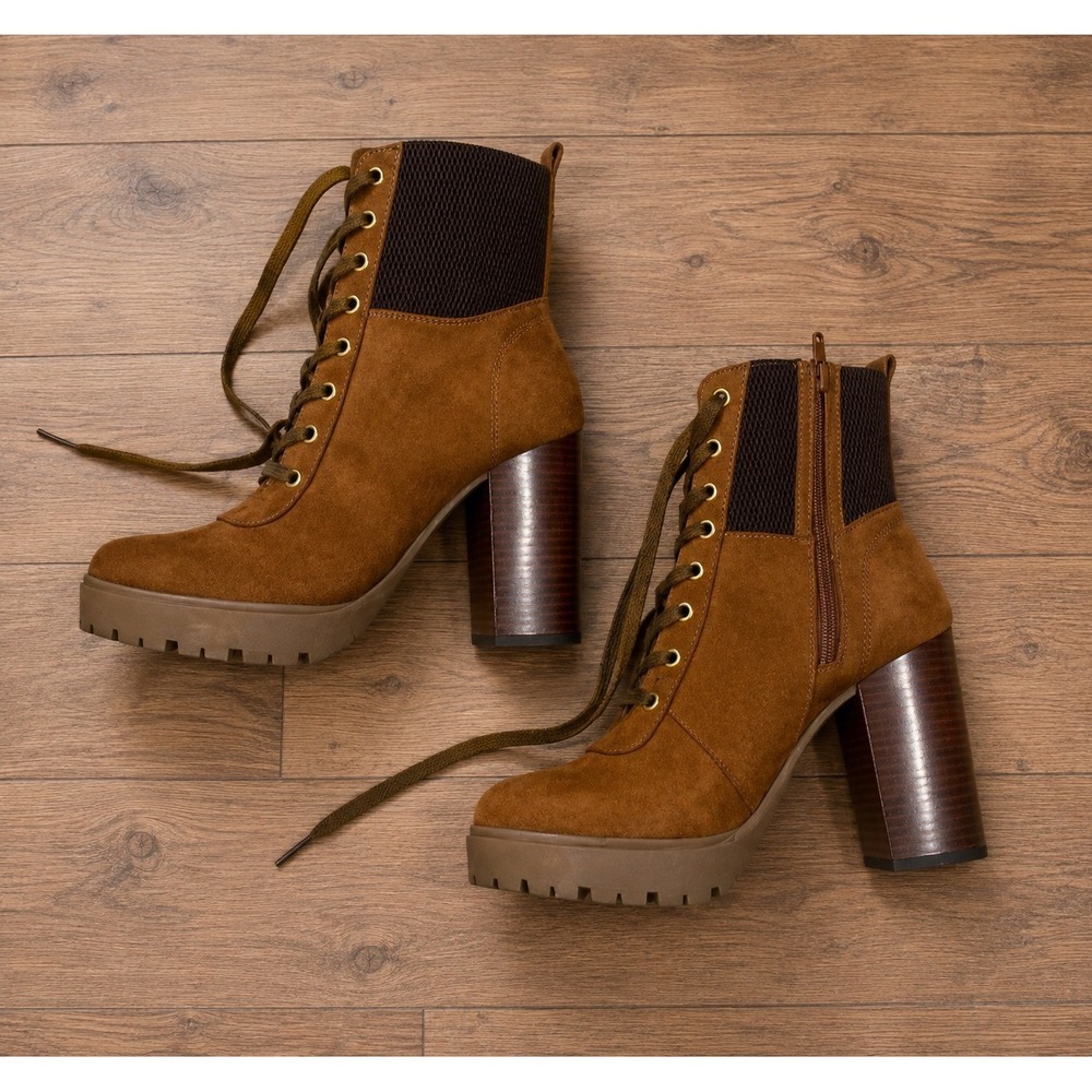 Brown Faux Suede Lace Up Platform Block Heel Ankle‎ Boots 7 Fall Preppy Autumn